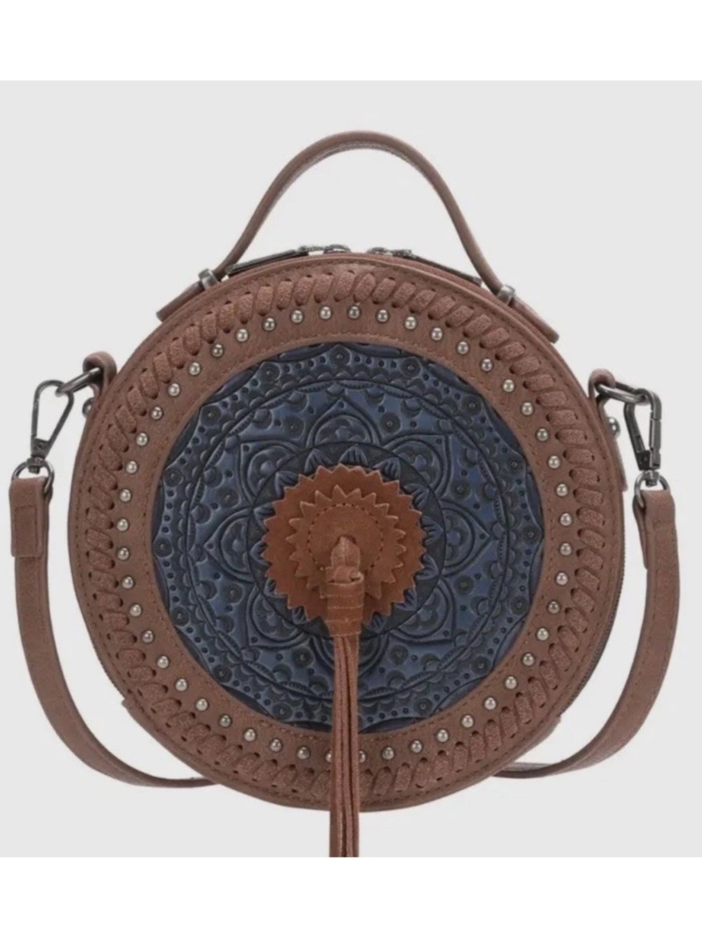 Wrangler Cantina Tooled Crossbody Bag BrownBlue Zip Studded Detachable Strap NWT